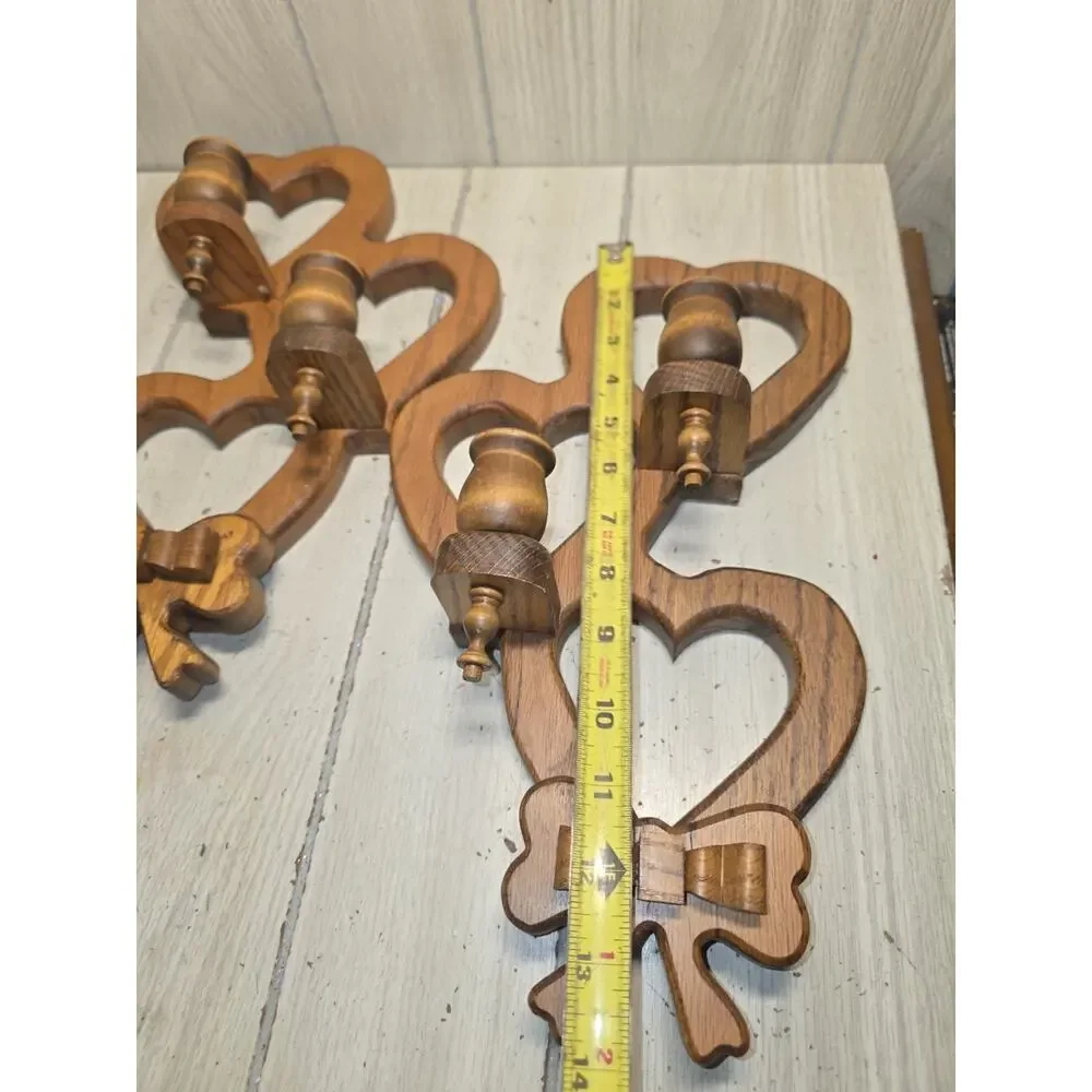 Vtg 1980s Triple Heart Wood Wall Sconces Handmade Set Of 2 Cottagecore Heritage